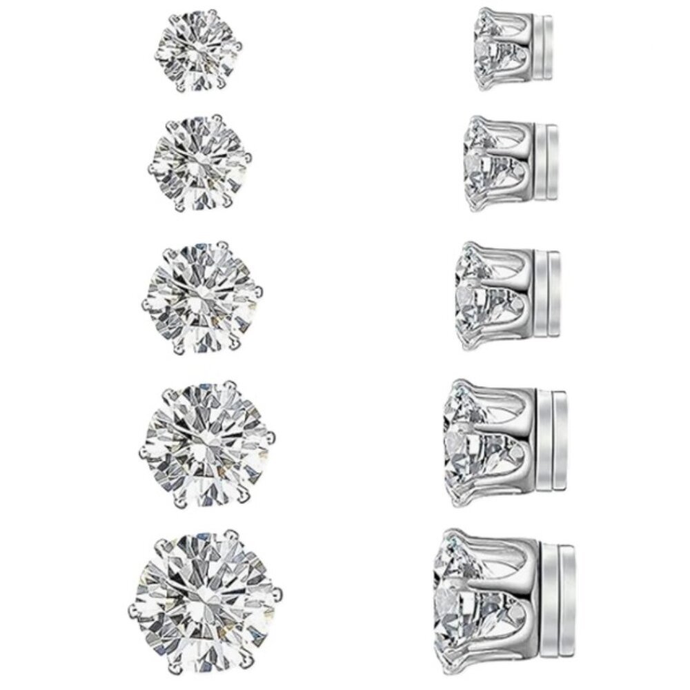 5 Pairs Stainless Steel Non-piercing Cubic Zirconia Stud Earrings Round Magnetic
